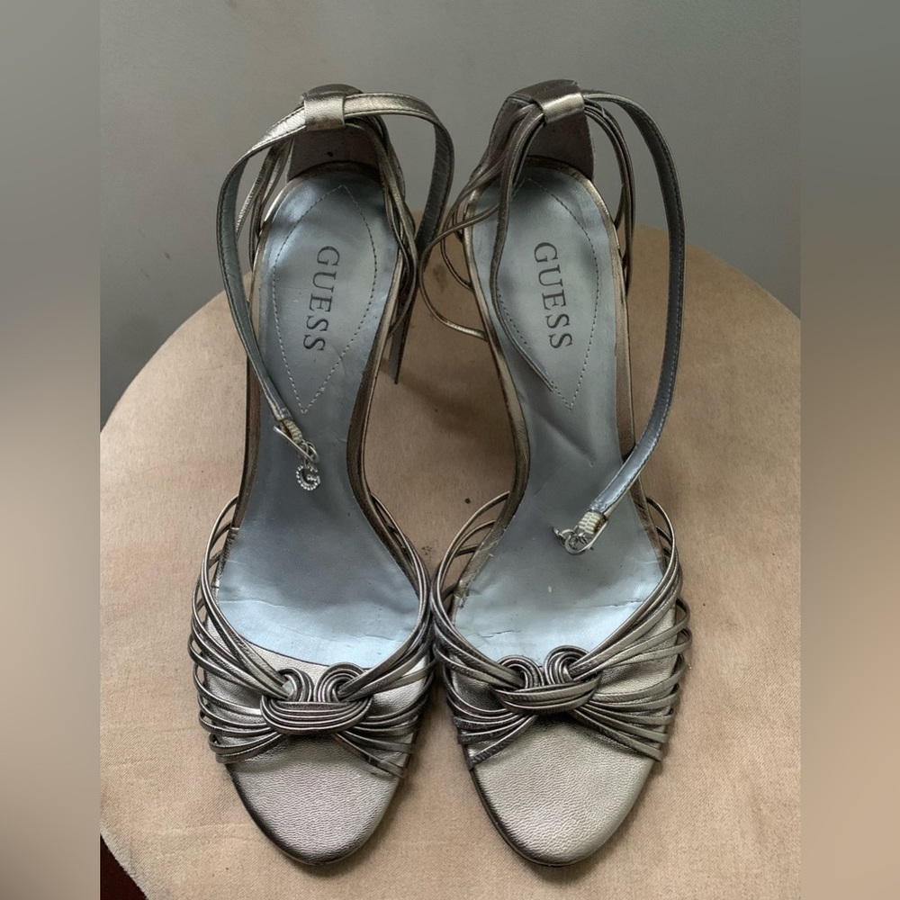Guess dark silver pewter strappy open toe heels size 6 1/2 heel 2 1/2” worn once